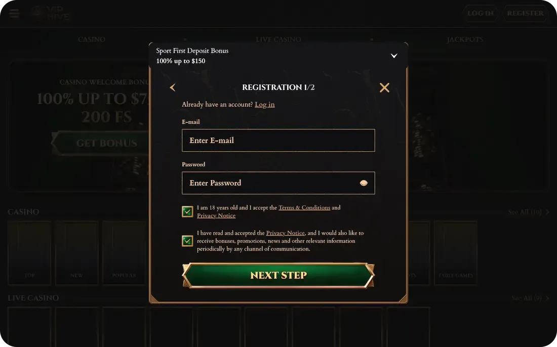 registro en el casino viphive